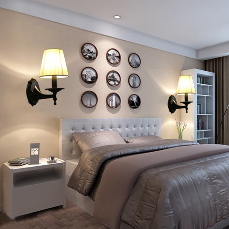 Tapered Bedroom Sconce Light Fixture Rustic Fabric 1/2 Lights Flaxen/White Wall Mounted Light