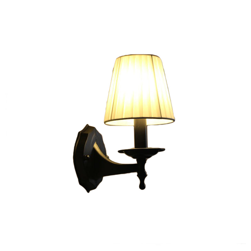 Tapered Bedroom Sconce Light Fixture Rustic Fabric 1/2 Lights Flaxen/White Wall Mounted Light