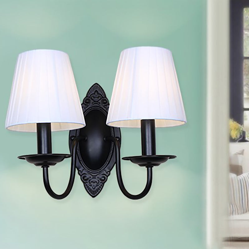 Tapered Bedroom Sconce Light Fixture Rustic Fabric 1/2 Lights Flaxen/White Wall Mounted Light