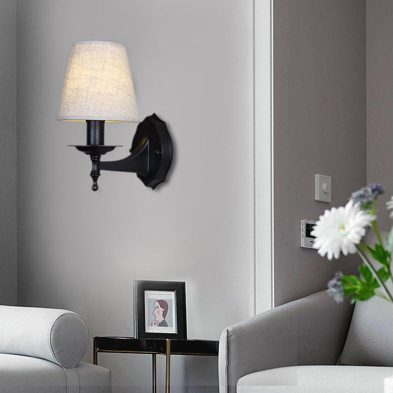 Tapered Bedroom Sconce Light Fixture Rustic Fabric 1/2 Lights Flaxen/White Wall Mounted Light