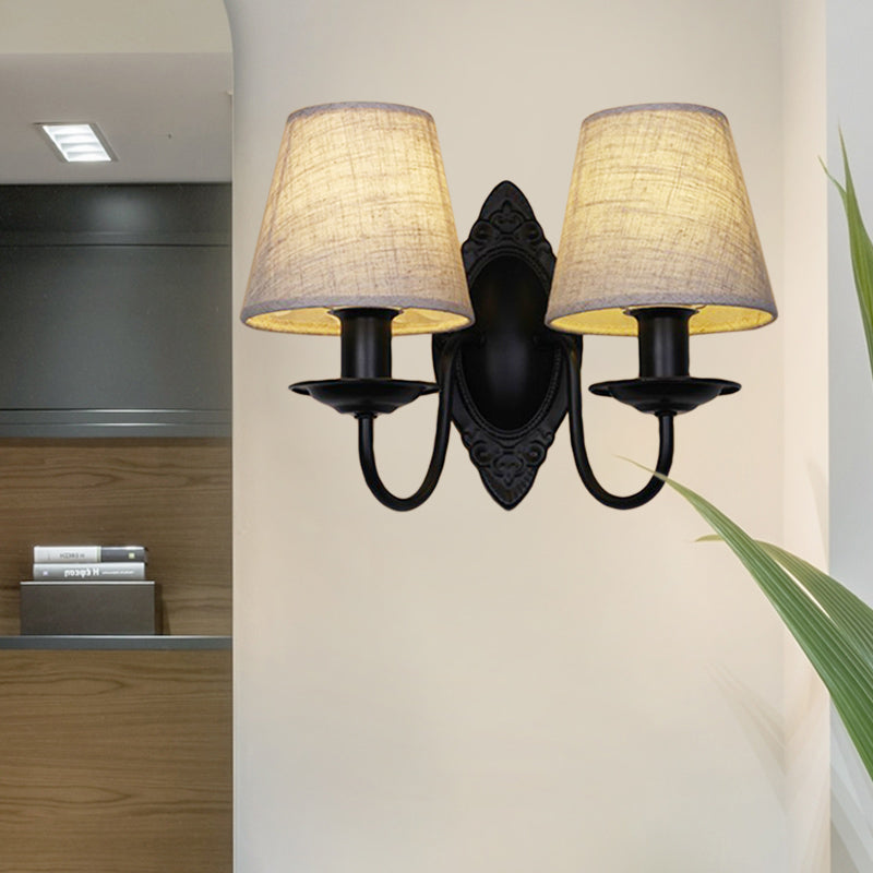 Tapered Bedroom Sconce Light Fixture Rustic Fabric 1/2 Lights Flaxen/White Wall Mounted Light