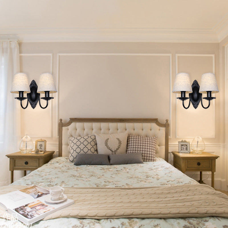 Tapered Bedroom Sconce Light Fixture Rustic Fabric 1/2 Lights Flaxen/White Wall Mounted Light