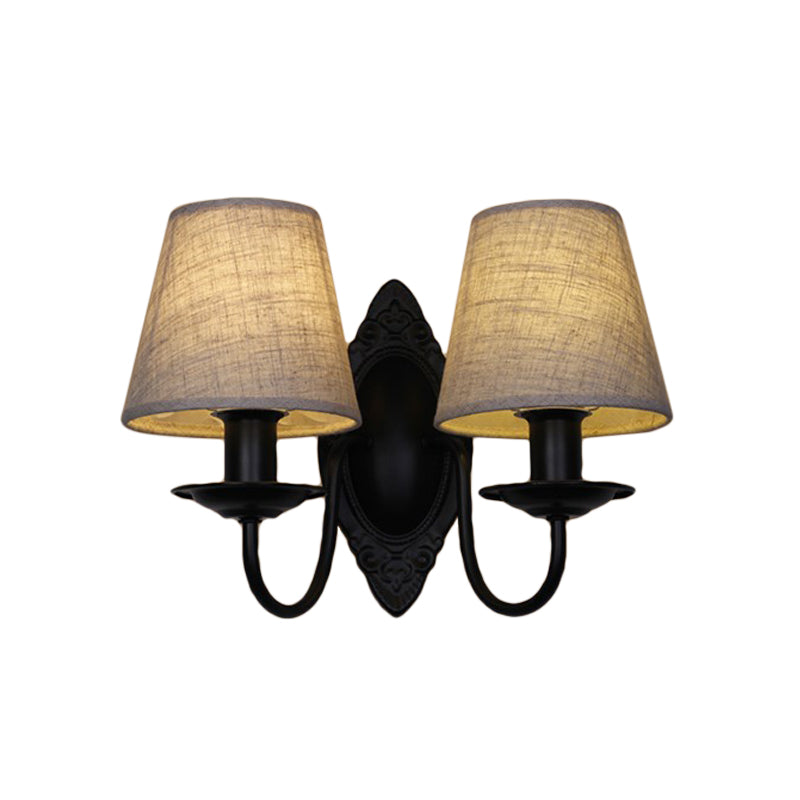 Tapered Bedroom Sconce Light Fixture Rustic Fabric 1/2 Lights Flaxen/White Wall Mounted Light