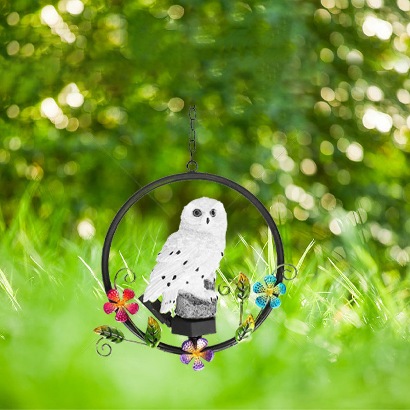 Resin Owl LED Hanging Light Modern White Solar Pendant Light with Metallic Ring, 1 Pc