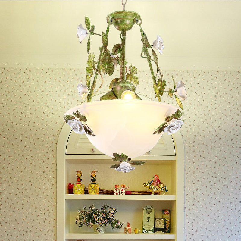 White Glass Bell Shape Pendant Chandelier American Flower Dining Room Hanging Light in Green