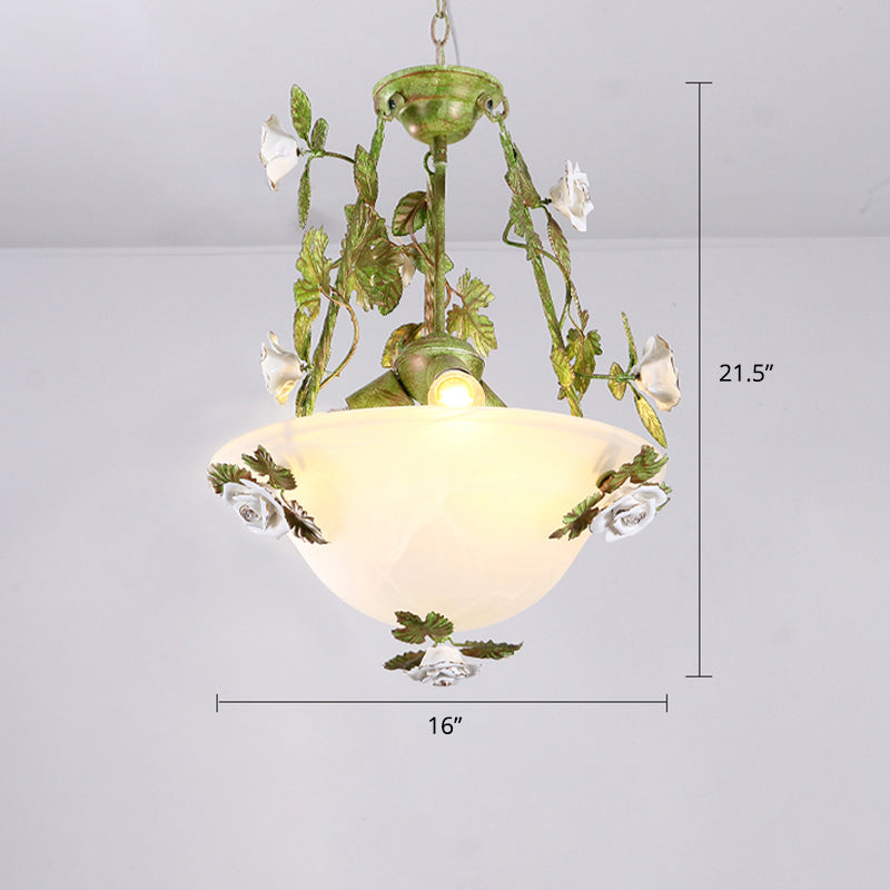 White Glass Bell Shape Pendant Chandelier American Flower Dining Room Hanging Light in Green