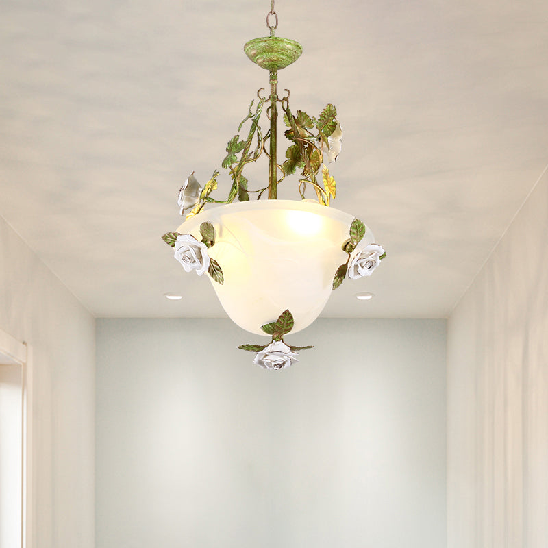White Glass Bell Shape Pendant Chandelier American Flower Dining Room Hanging Light in Green