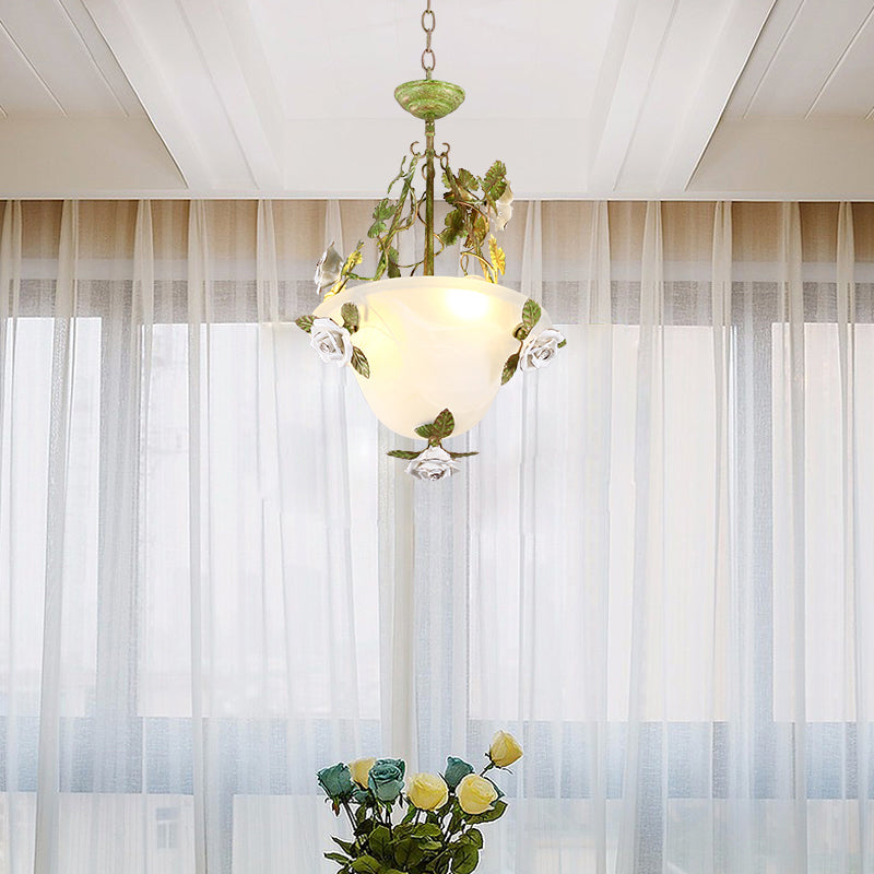 White Glass Bell Shape Pendant Chandelier American Flower Dining Room Hanging Light in Green