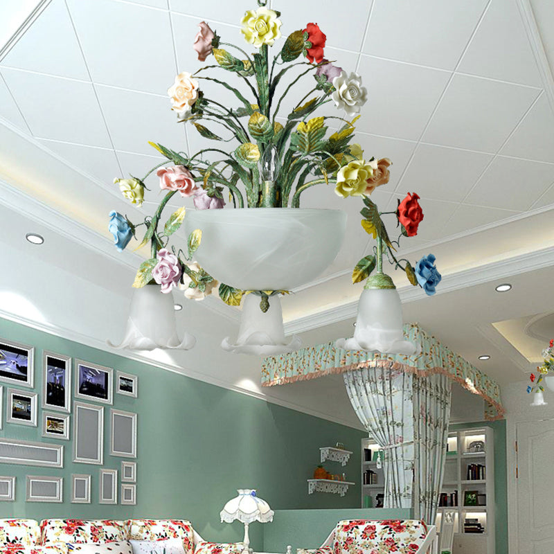 Ceramic Potted Flower Chandelier Pastoral Living Room Suspension Light with Bowl Opal Glass Shade