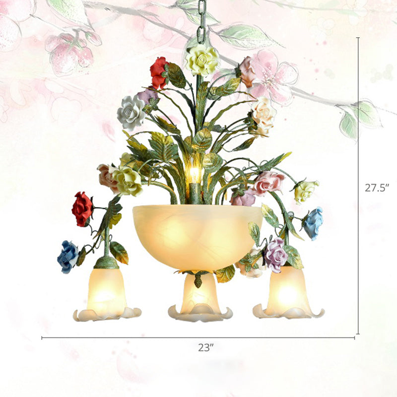 Ceramic Potted Flower Chandelier Pastoral Living Room Suspension Light with Bowl Opal Glass Shade