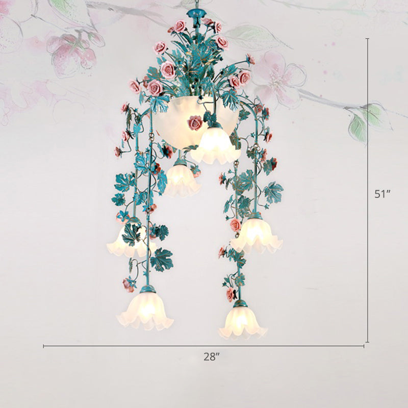 Ceramic Potted Flower Chandelier Pastoral Living Room Suspension Light with Bowl Opal Glass Shade