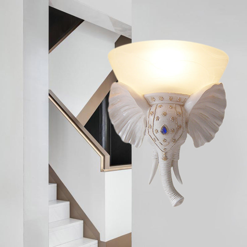 Beige Bowl Sconce Light Traditional Glass 1 Light Corridor Wall Mounted Light with Gold/White Resin Elephant Base