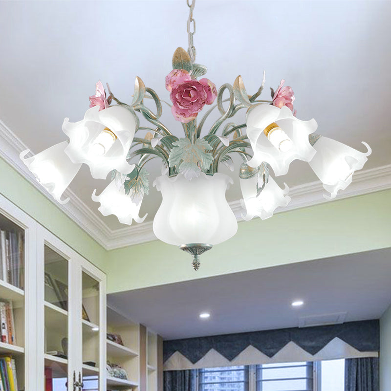 8 Heads Flower Ceiling Hang Lamp Pastoral White Frosted Glass Chandelier for Living Room