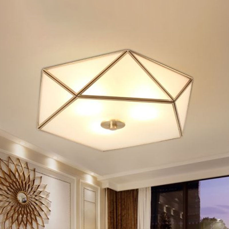 Simplicity Pentagonal Flushmount Ceiling Lamp Satin Opal Glass Flush-Mount Light in Brass