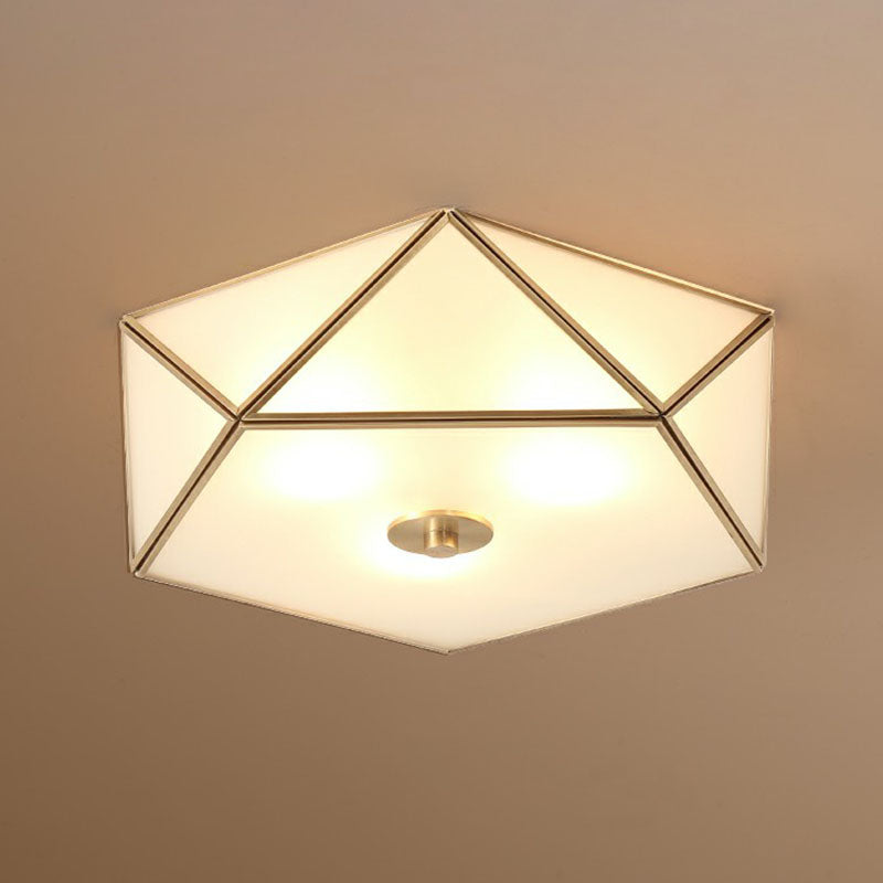 Simplicity Pentagonal Flushmount Ceiling Lamp Satin Opal Glass Flush-Mount Light in Brass