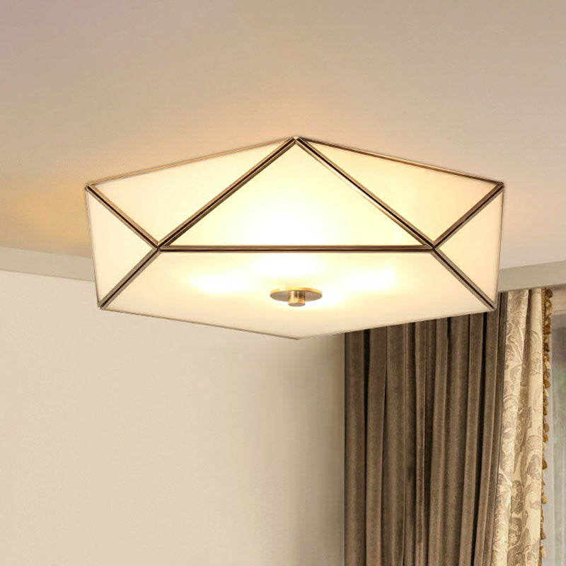Simplicity Pentagonal Flushmount Ceiling Lamp Satin Opal Glass Flush-Mount Light in Brass