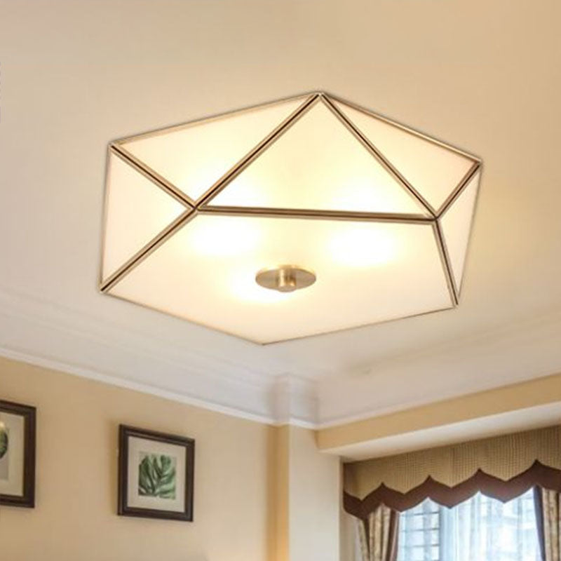 Simplicity Pentagonal Flushmount Ceiling Lamp Satin Opal Glass Flush-Mount Light in Brass