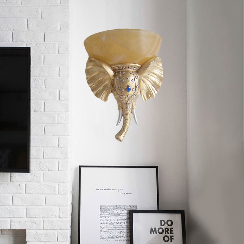 Beige Bowl Sconce Light Traditional Glass 1 Light Corridor Wall Mounted Light with Gold/White Resin Elephant Base