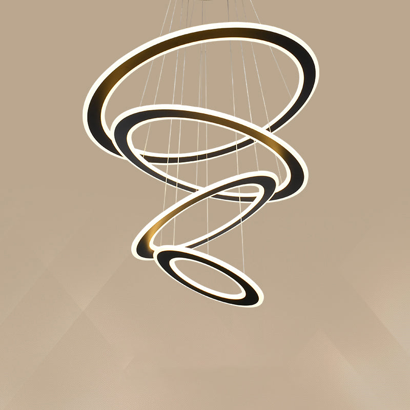 Kreisförmige LED -Kronleuchterlampe Art Deco Metall Treppe Decke hängen Licht in Schwarz