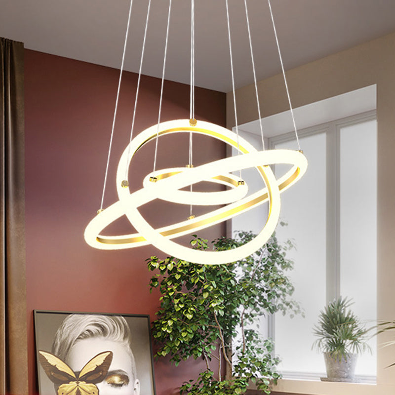 Gold Halo Ring Shaped Chandelier Artistic LED Acrylic Hanging Light Fixture over Table