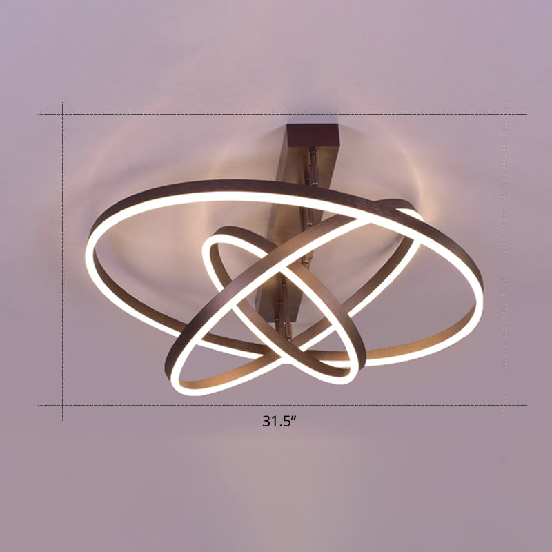 Circular LED Semi Flush Mount Lighting Simplicity Metal Bedroom Ceiling Lamp in Coffee