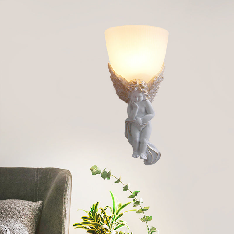 Bol luminaire mural en verre givré vintage 1 salon léger avec ange blanc / or vers la droite / gauche