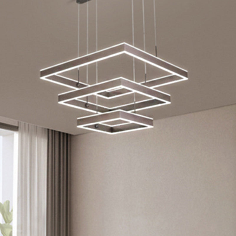 Tiered Square Chandelier Light Simplicity Metallic Living Room LED Pendant Light in Coffee