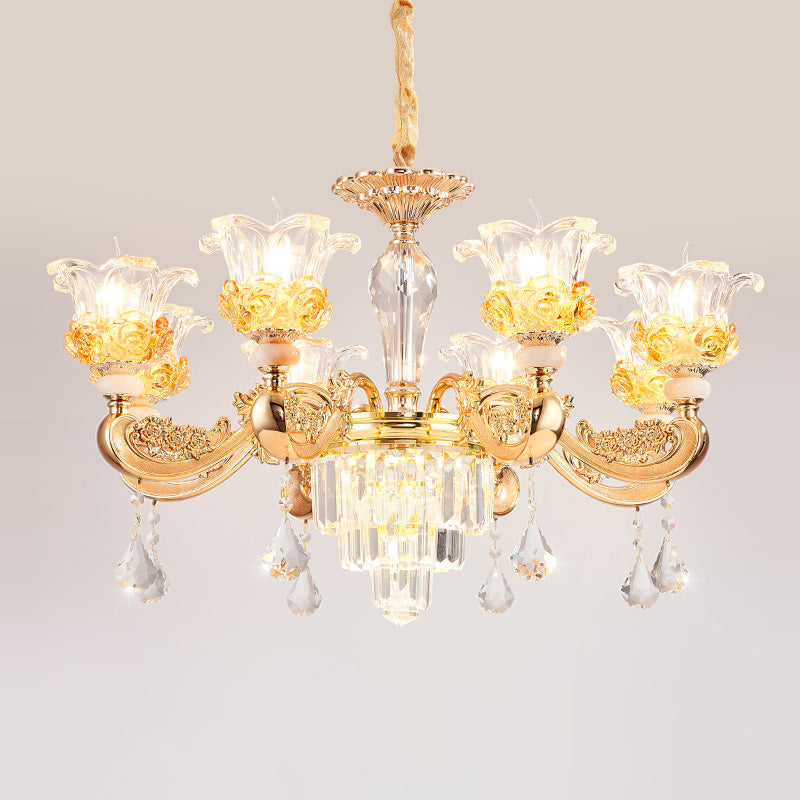 Blossom Crystal Glass Chandelier Antique Style Bedroom Ceiling Hang Light in Gold