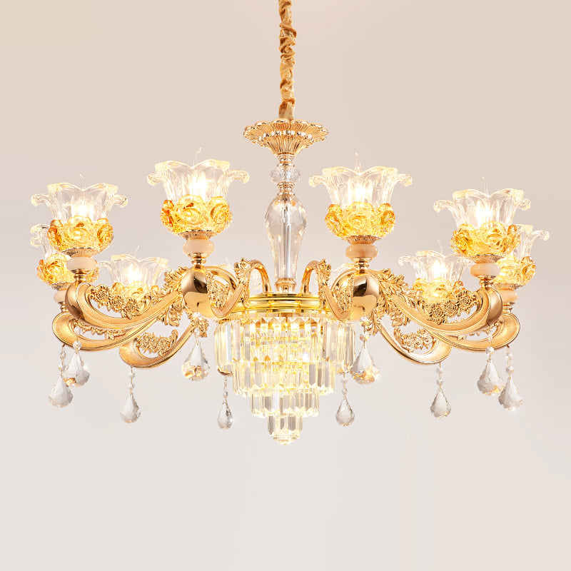Blossom Crystal Glass Chandelier Antique Style Bedroom Ceiling Hang Light in Gold