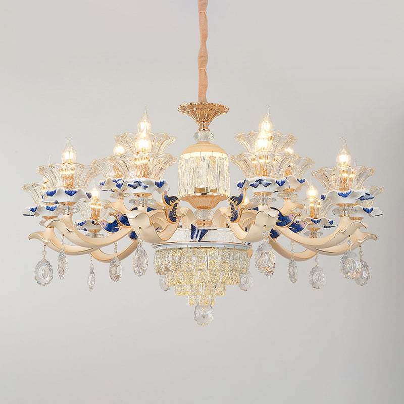 Clear K9 Crystal Flower Chandelier Traditional Dining Room Hanging Ceiling Light with Ceramic Decor