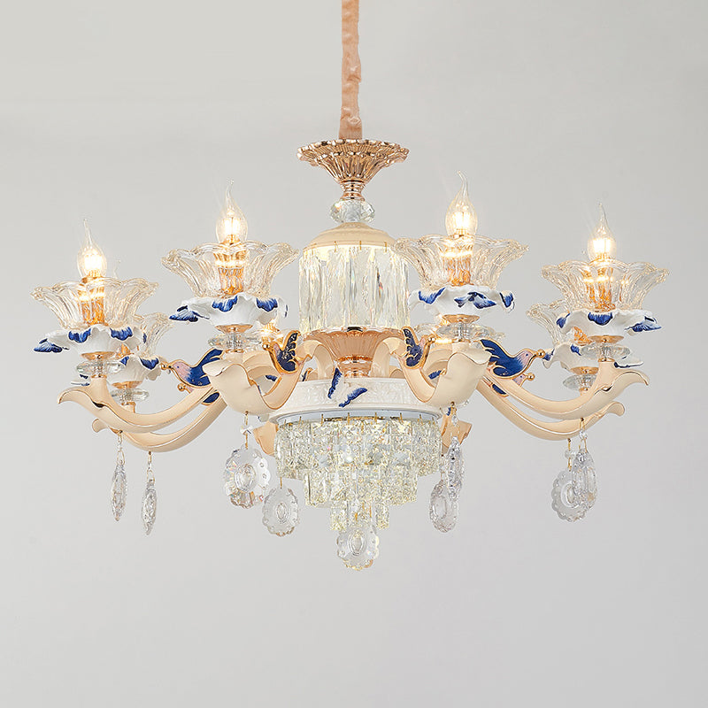 Clear K9 Crystal Flower Chandelier Traditional Dining Room Hanging Ceiling Light with Ceramic Decor