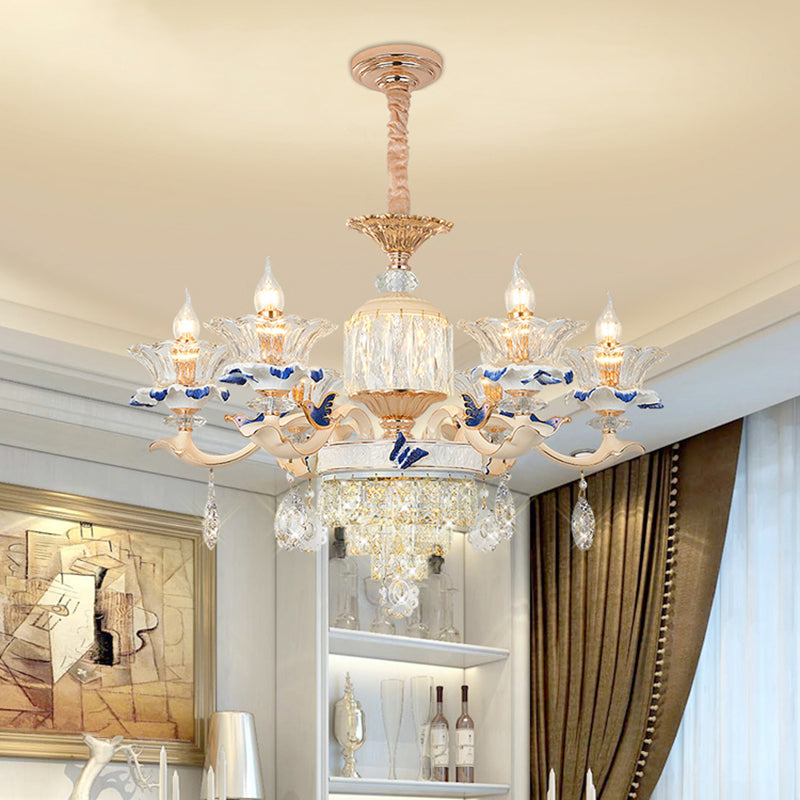 Clear K9 Crystal Flower Chandelier Traditional Dining Room Hanging Ceiling Light with Ceramic Decor