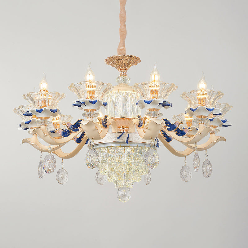 Clear K9 Crystal Flower Chandelier Traditional Dining Room Hanging Ceiling Light with Ceramic Decor
