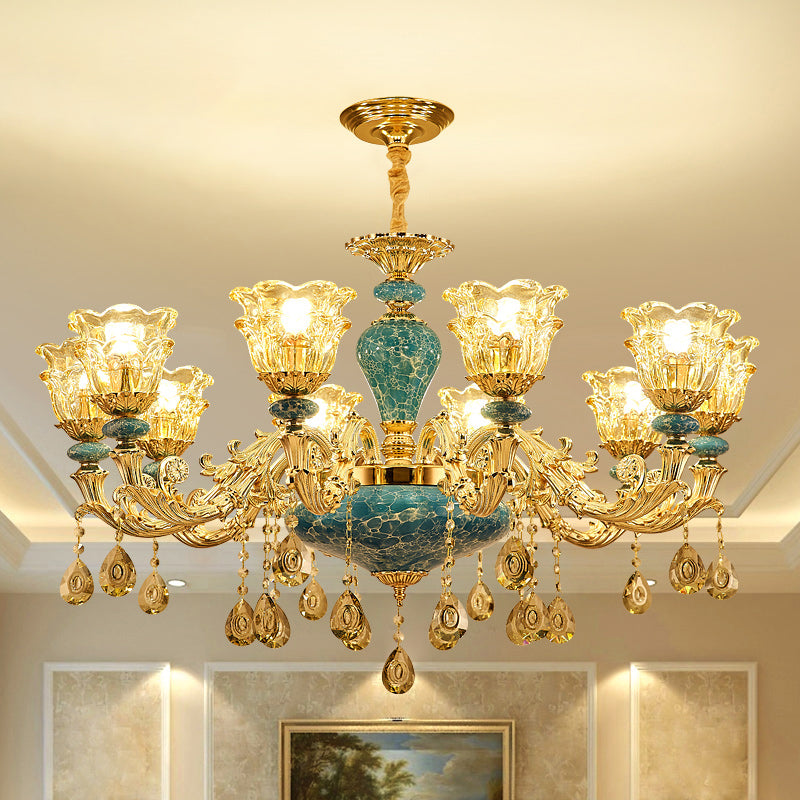 2-Layered Flower Chandelier Vintage Gold Finish Clear Glass Hanging Ceiling Light