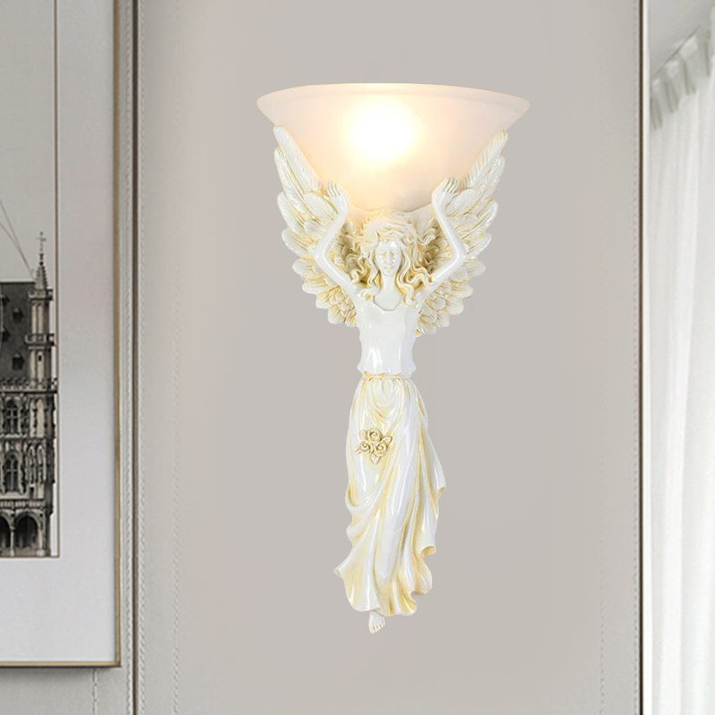 1 Light Wall Lamp Vintage Flared Ribbed Glass Sconce Light with Gold/White Angel Base