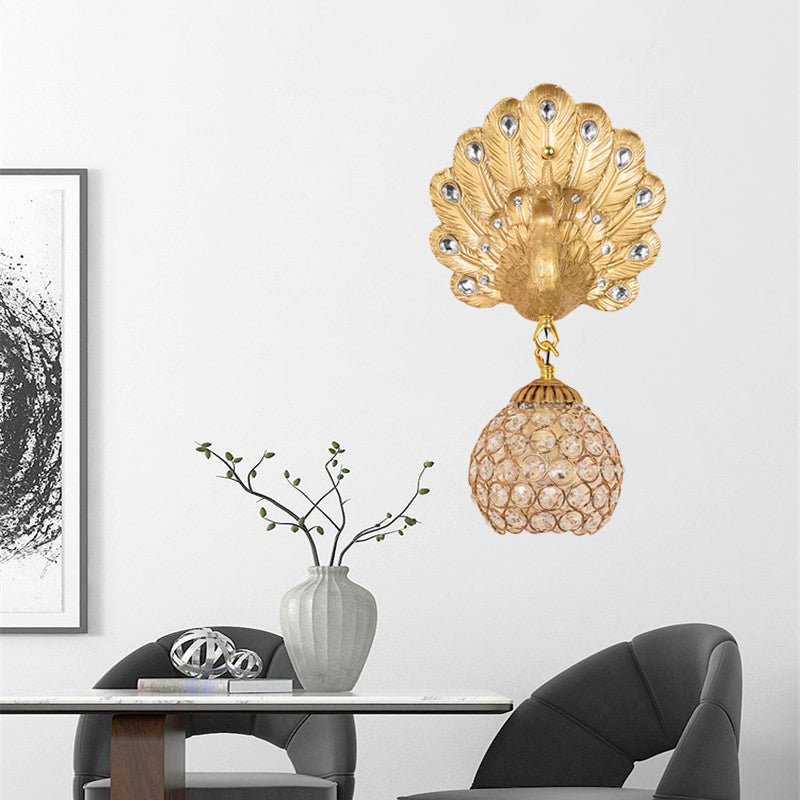 Gold Peacock Mur mural Light Vintage Resin 1 Light Living Room Appince Light avec dôme d'ombre, 8 "/ 14" de large
