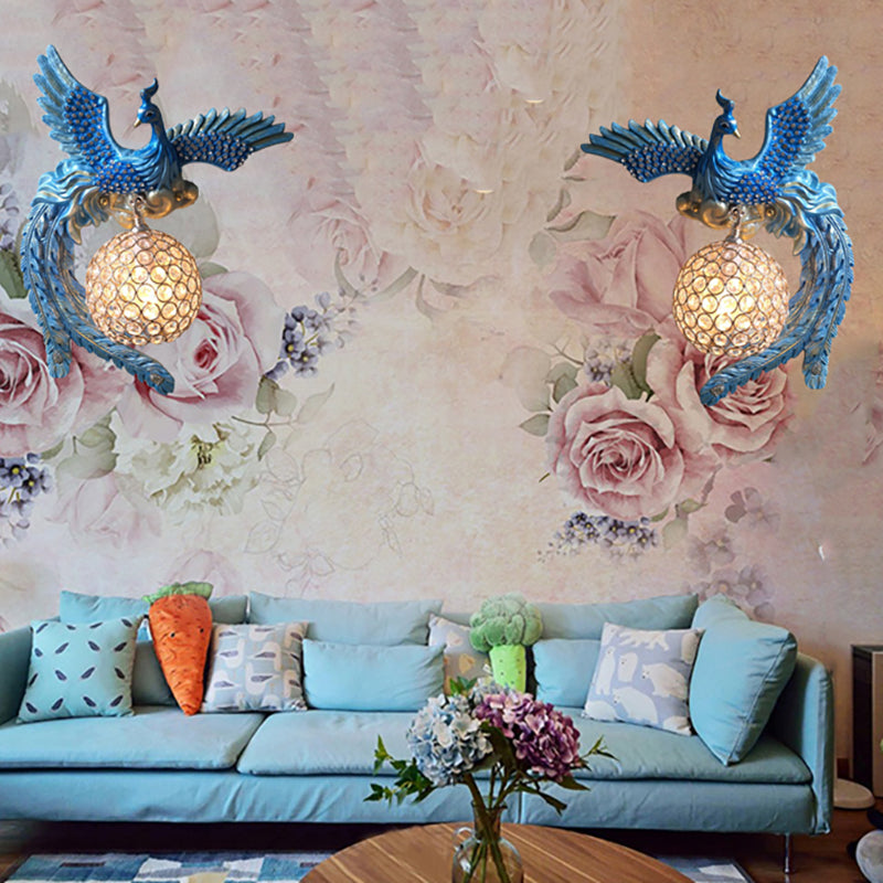 Orb Metal and Crystal Wall Lamp Antique 1 Light Living Room Sconce Light with White/Gold/Blue Phoenix toward Right/Left