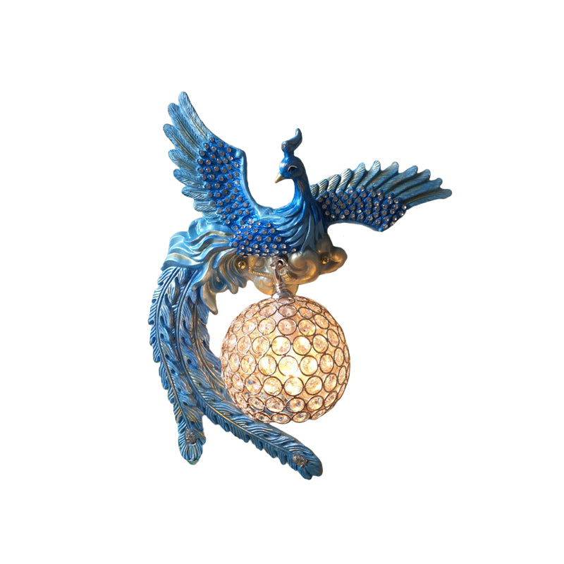 Orb Metal and Crystal Wall Lamp Antique 1 Light Living Room Sconce Light with White/Gold/Blue Phoenix toward Right/Left