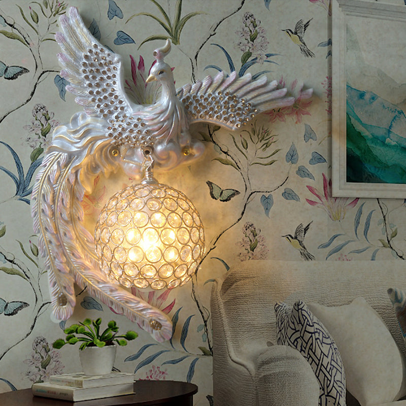 Orb Metal and Crystal Wall Lamp Antique 1 Light Living Room Sconce Light with White/Gold/Blue Phoenix toward Right/Left