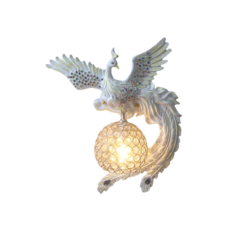 Orb Metal and Crystal Wall Lamp Antique 1 Light Living Room Sconce Light with White/Gold/Blue Phoenix toward Right/Left