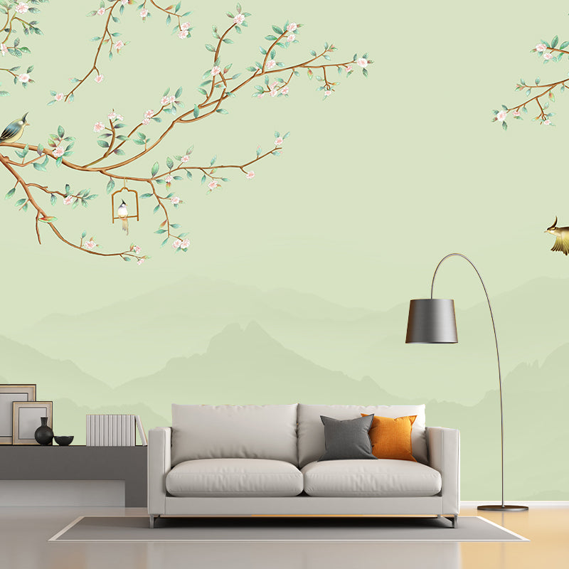 Big Flower and Bird Mural in Pastel Green Non-Woven Fabric Wall Art for Home Decor, Custom-Made