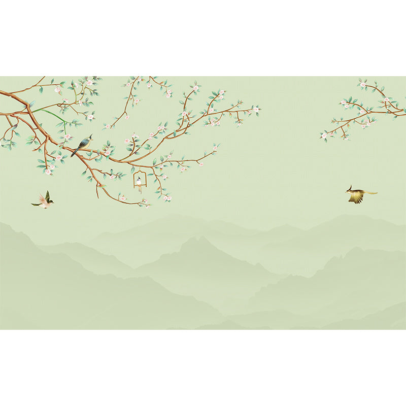 Big Flower and Bird Mural in Pastel Green Non-Woven Fabric Wall Art for Home Decor, Custom-Made