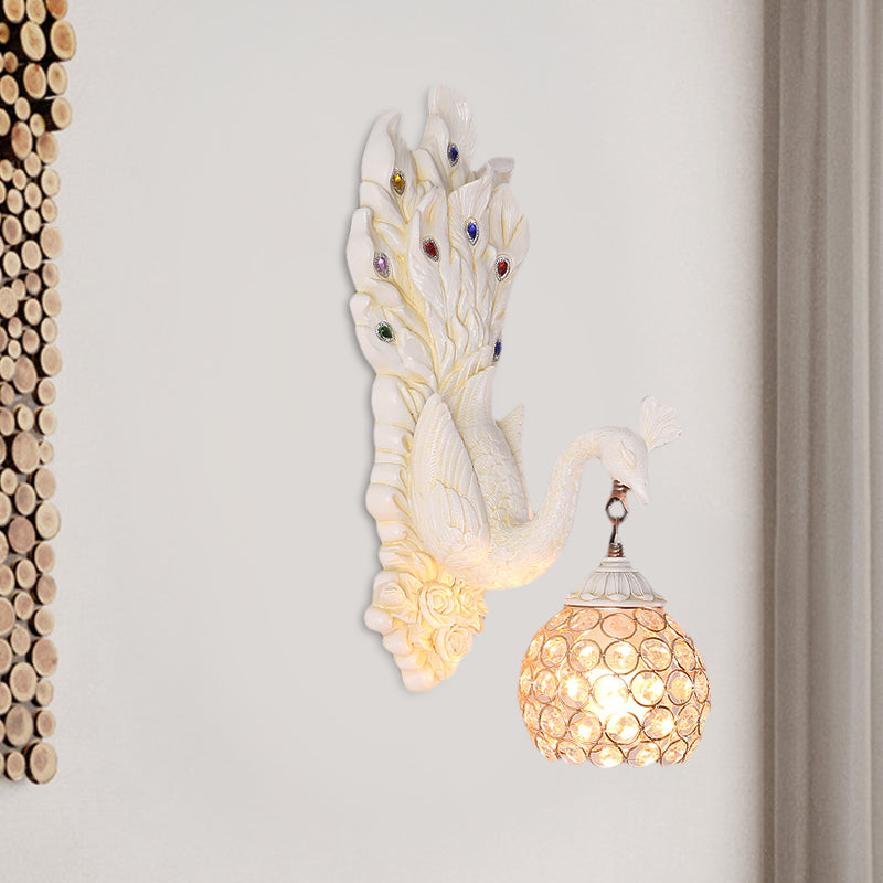 Dome Crystal Wall Mounted Light Antique 1 Light Bedroom Sconce Lamp with Blue/Gold/White Peacock Backplate