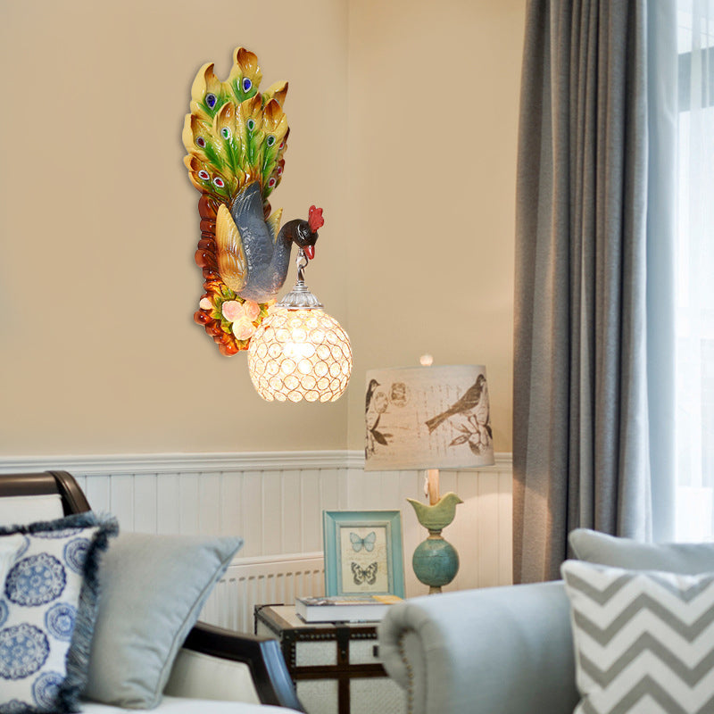 Dome Crystal Wall Mounted Light Antique 1 Light Bedroom Sconce Lamp with Blue/Gold/White Peacock Backplate