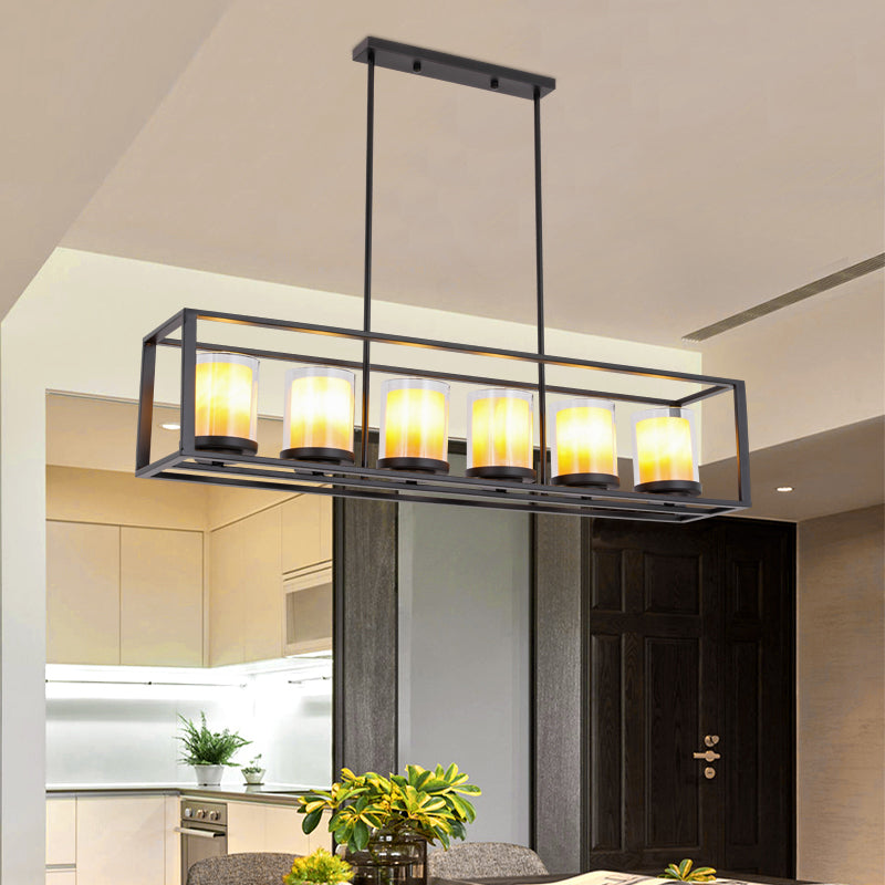 Cylinder Dining Room Pendant Light Vintage Glass 3/5/6 Lights Island Lighting with Black Frame