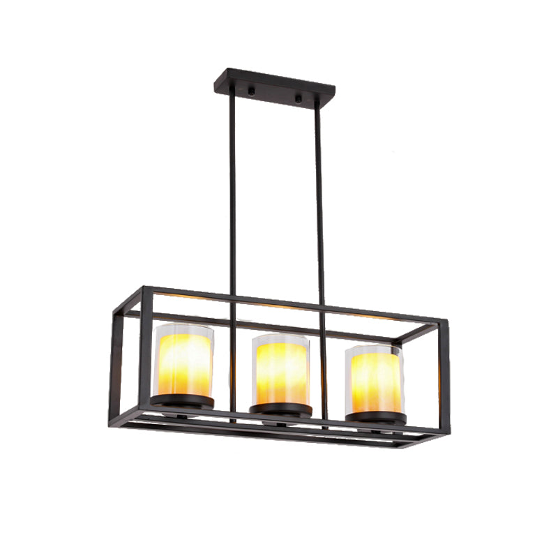 Cylinder Dining Room Pendant Light Vintage Glass 3/5/6 Lights Island Lighting with Black Frame