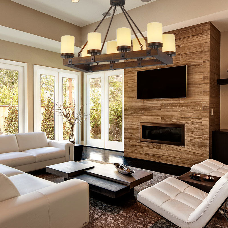 White Glass Cylinder Island Lamp Vintage 6/8 Lights Living Room Ceiling Light with Wooden Base