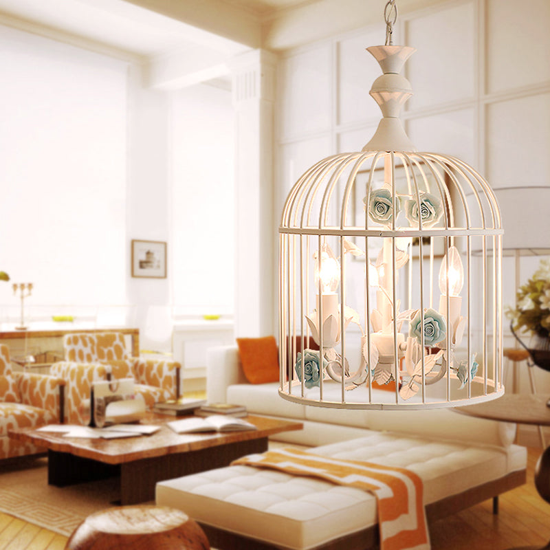 3 Lights Chandelier Light Rustic Birdcage Metal Hanging Ceiling Light with Blue/Pink Flower Decoration