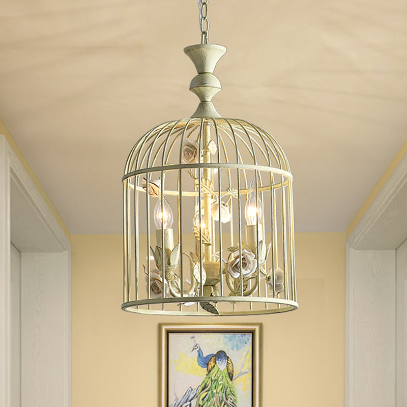Birdcage Metal Hanging Light Fixture Rustic 3/5 Lights Corridor Chandelier Light with White Flower, 12.5"/16" Wide
