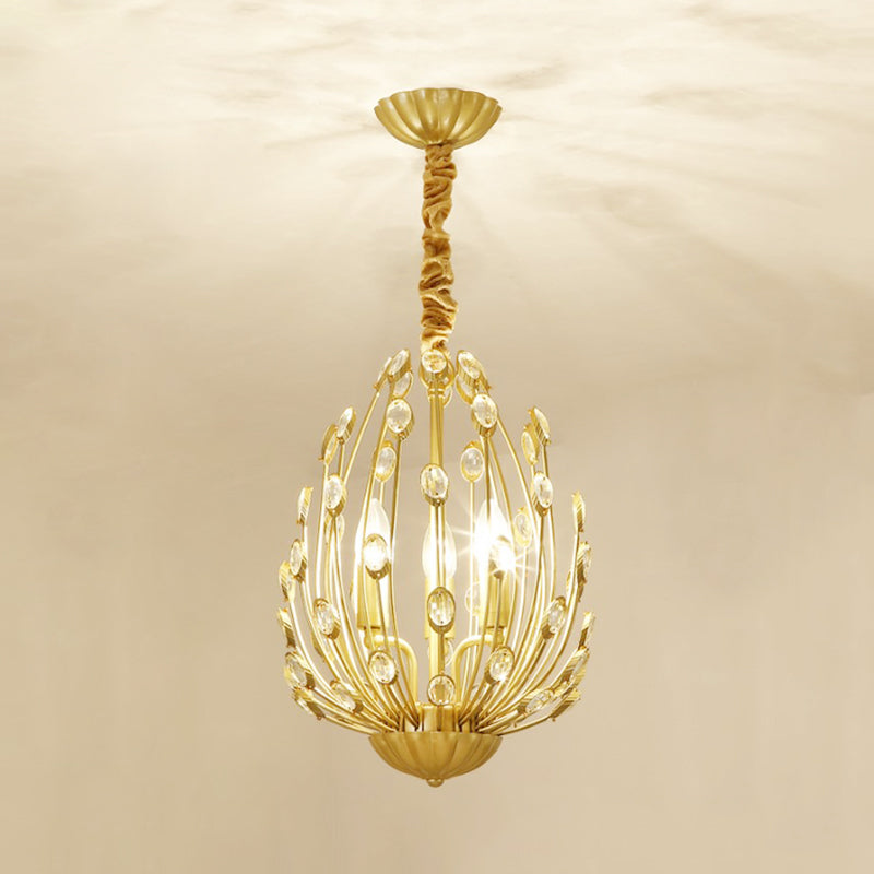 Oval Metal and Crystal Hanging Light Rustic 3/6 Lights Dining Room Chandelier Light in Gold